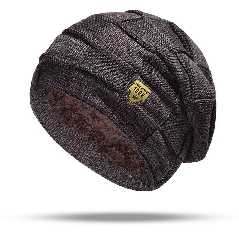 Leisure warm velvet-thick knitted hat in black with plaid pattern, 58-63cm elastic fit, acrylic fibre