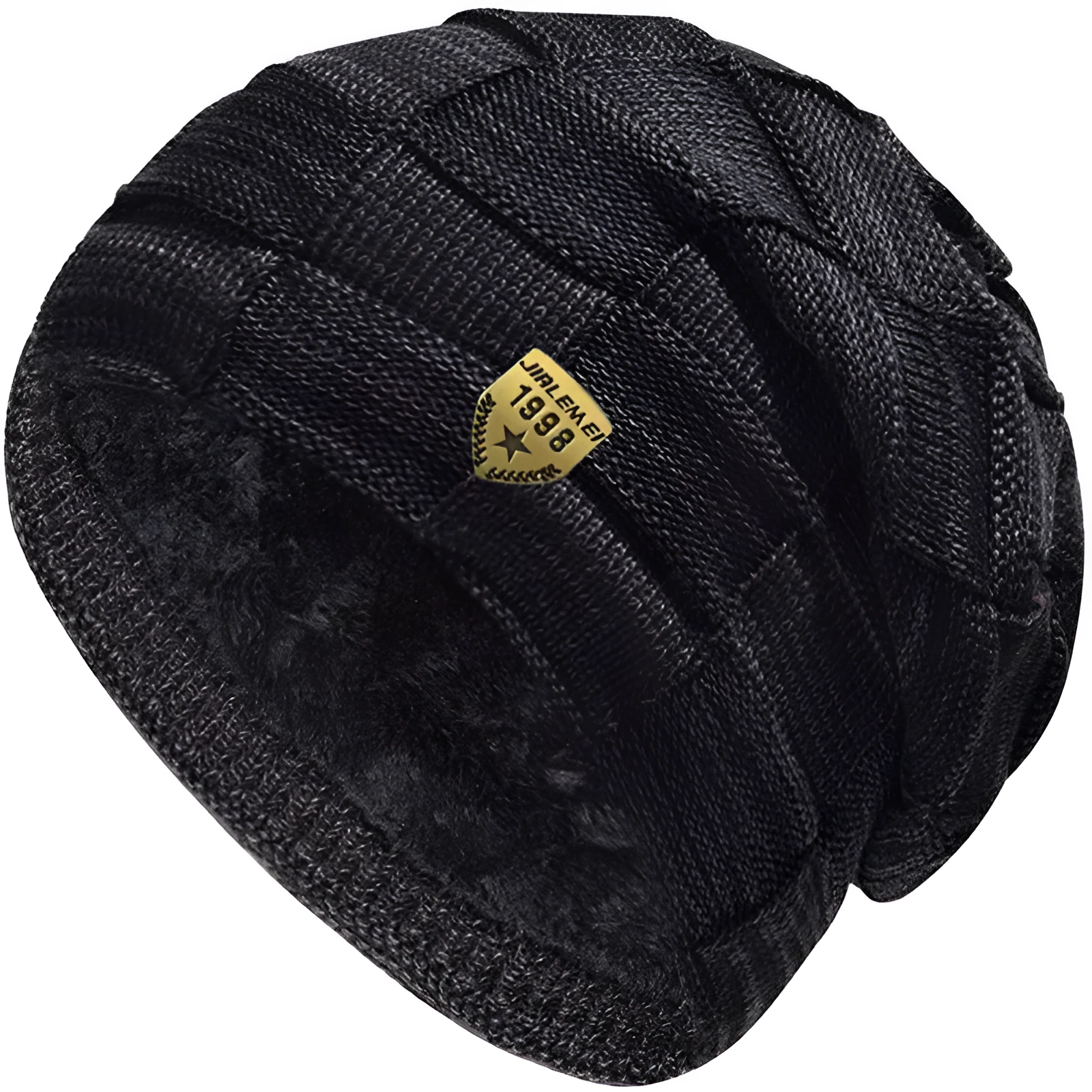 Leisure warm velvet-thick knitted hat in black with plaid pattern, 58-63cm elastic fit, acrylic fibre