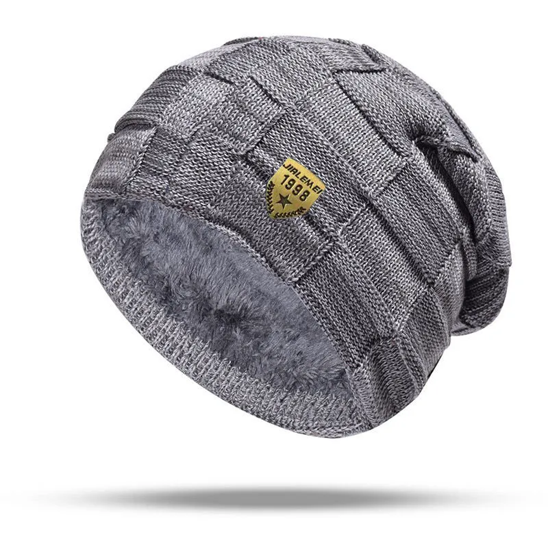 Leisure warm velvet-thick knitted hat in black with plaid pattern, 58-63cm elastic fit, acrylic fibre