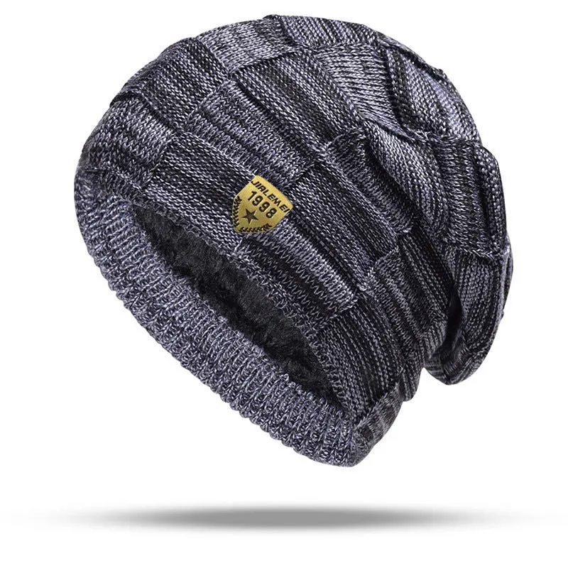 Leisure warm velvet-thick knitted hat in black with plaid pattern, 58-63cm elastic fit, acrylic fibre
