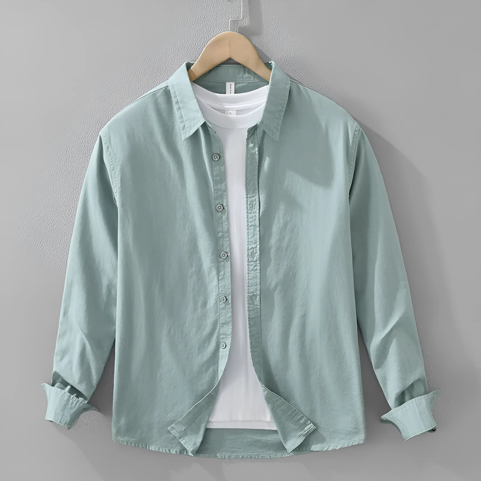Men's Japanese cotton linen long sleeve loose cardigan blouse in light green