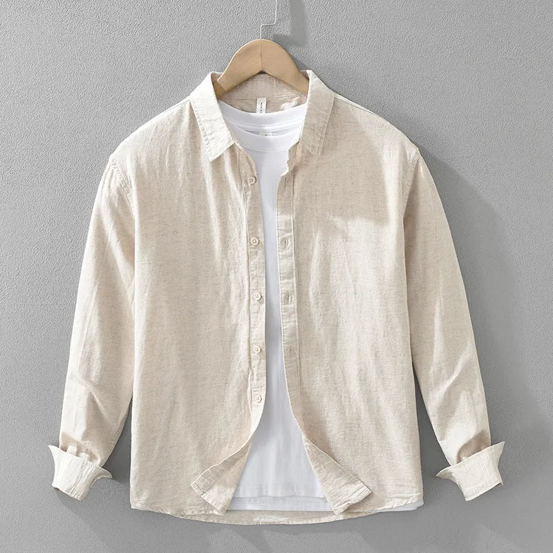 Men's Japanese cotton linen long sleeve loose cardigan blouse in light green