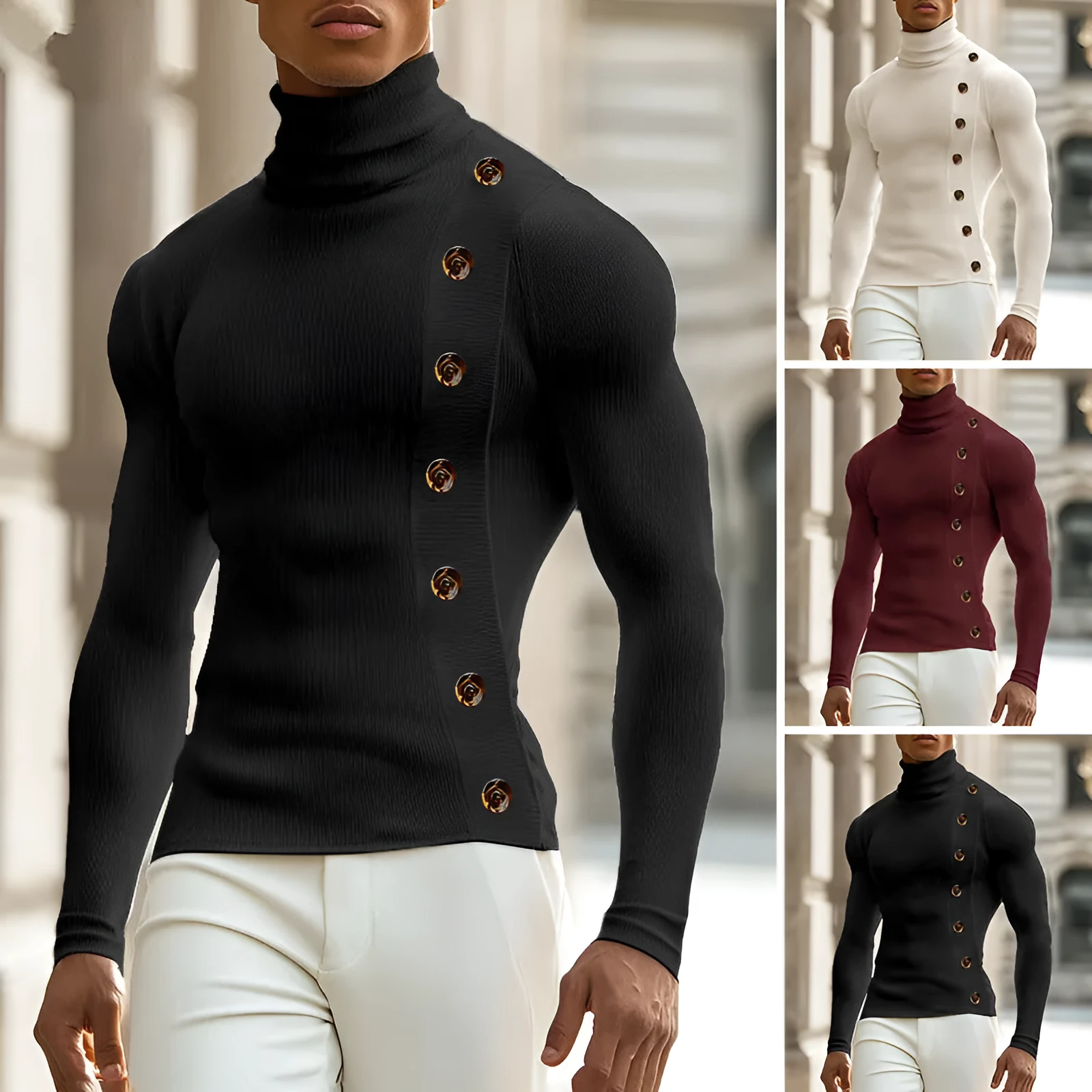 Men's casual slim fit turtleneck sweater with front buttons in black, side view