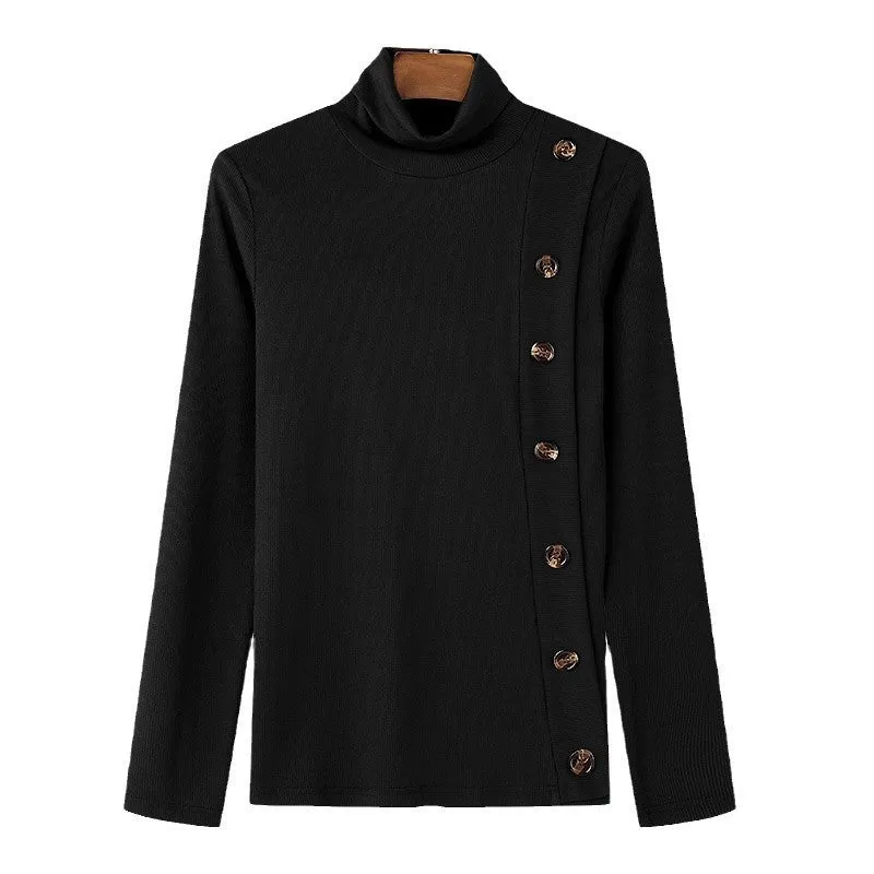 Men's casual slim fit turtleneck sweater with front buttons in black, side view