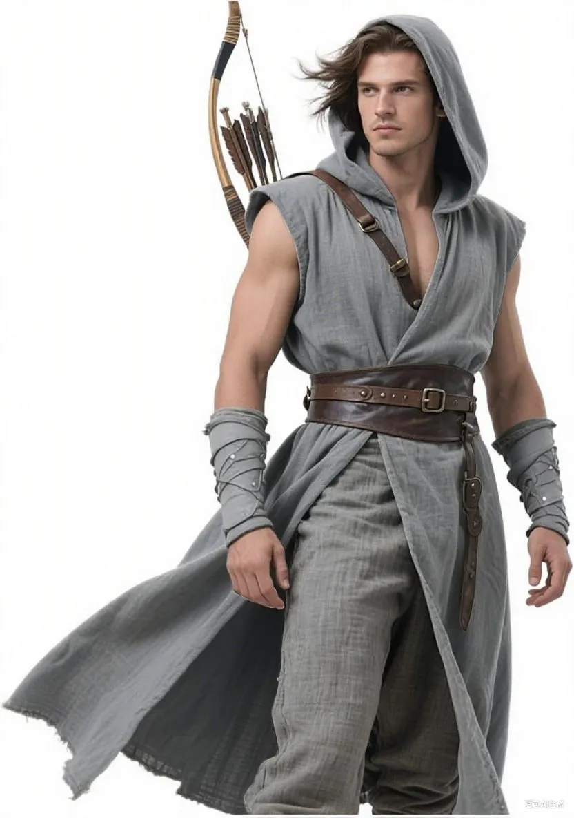 Cotton Renaissance short cloak for men in gray, front view, costume for Halloween and medieval events