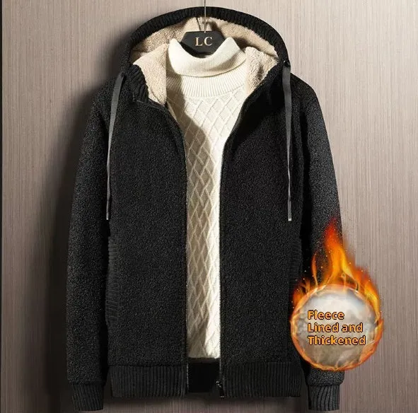 Winter men's zipper hooded sweater cardigan in khaki with thick fleece lining, sizes L to 8XL