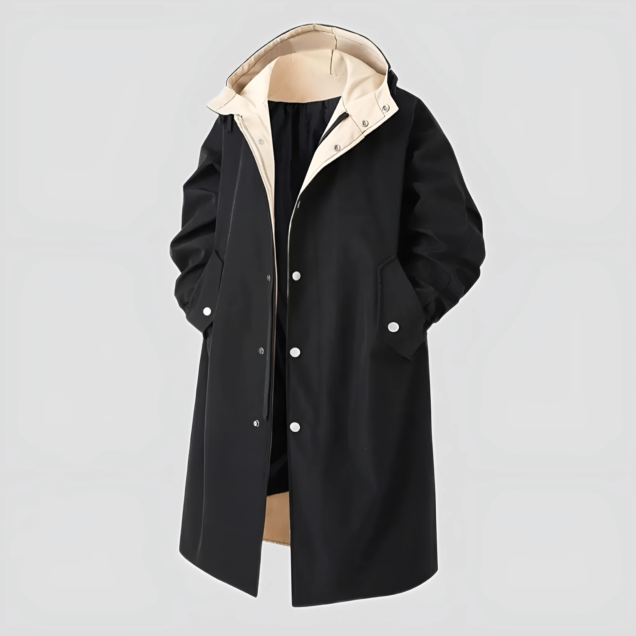 Men's solid color casual mid-length trench coat with hood in khaki, front view, 65cm length