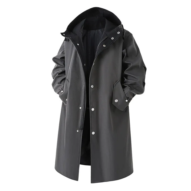 Men's solid color casual mid-length trench coat with hood in khaki, front view, 65cm length