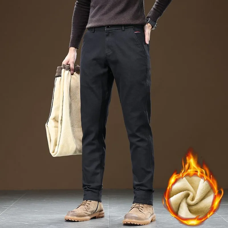 Men's fleece-lined slim fit tapered casual pants in black cotton fabric with straight leg