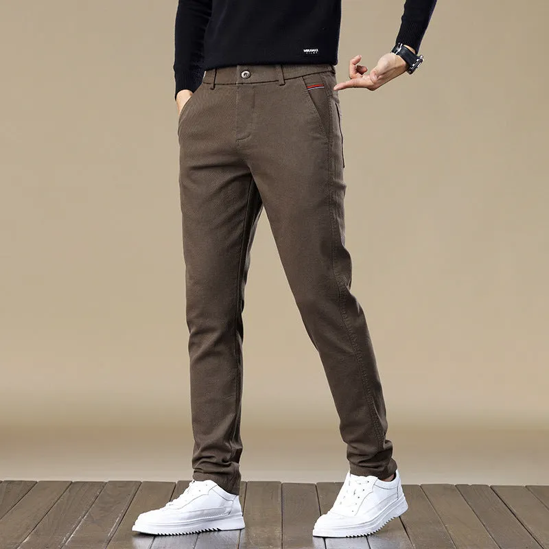 Men's fleece-lined slim fit tapered casual pants in black cotton fabric with straight leg