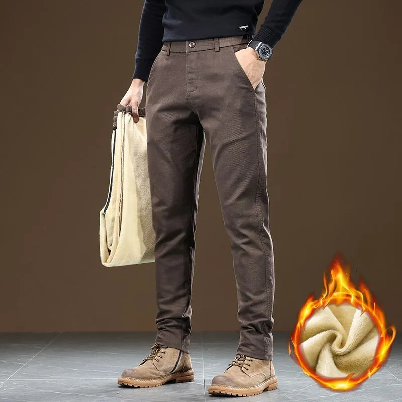 Men's fleece-lined slim fit tapered casual pants in black cotton fabric with straight leg