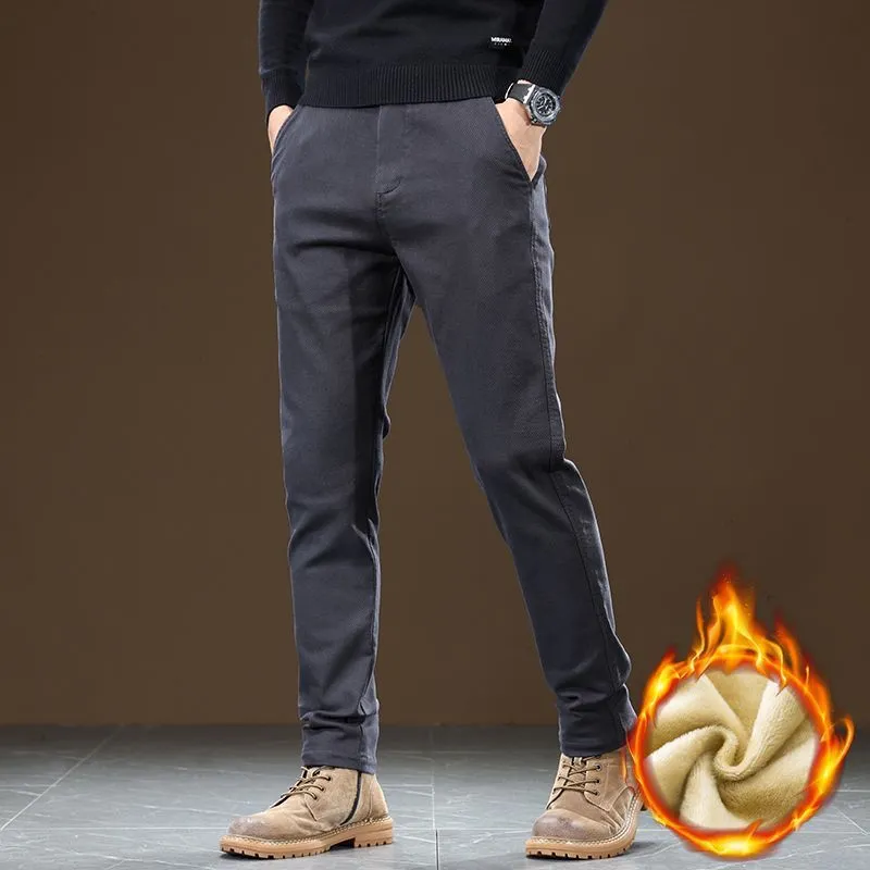 Men's fleece-lined slim fit tapered casual pants in black cotton fabric with straight leg