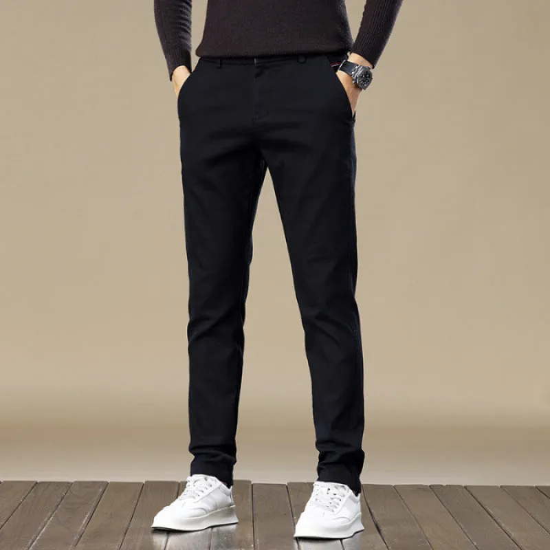 Men's fleece-lined slim fit tapered casual pants in black cotton fabric with straight leg