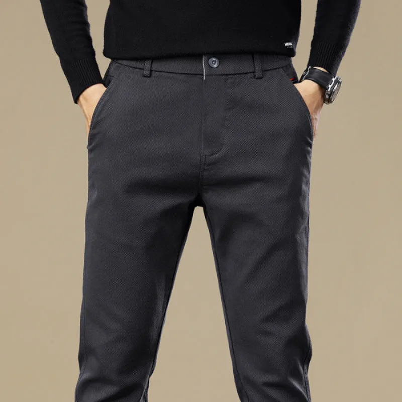 Men's fleece-lined slim fit tapered casual pants in black cotton fabric with straight leg