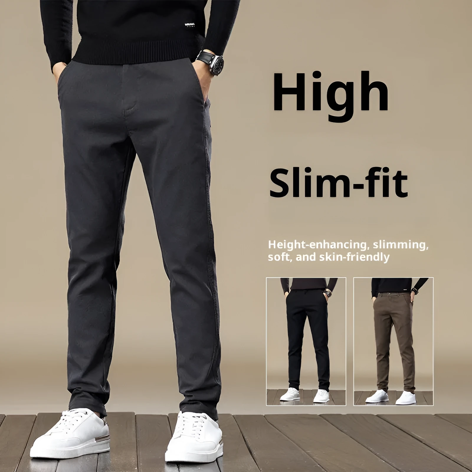 Men's fleece-lined slim fit tapered casual pants in black cotton fabric with straight leg