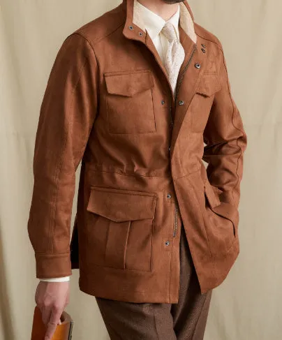 Women's faux suede cowhide safari jacket with stand collar and slim waist in coffee colour