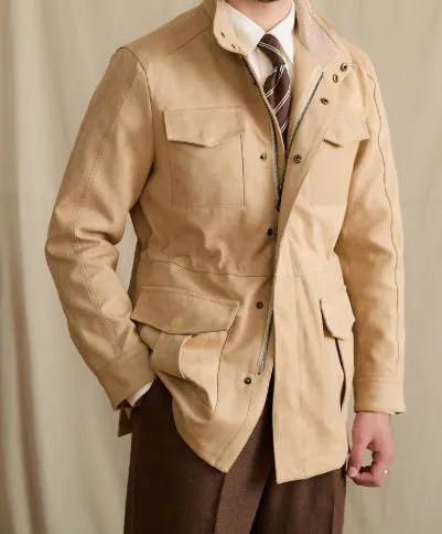 Women's faux suede cowhide safari jacket with stand collar and slim waist in coffee colour