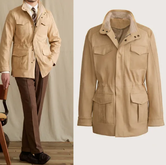 Women's faux suede cowhide safari jacket with stand collar and slim waist in coffee colour