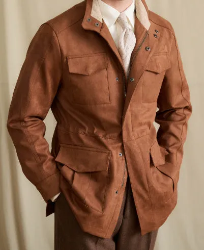 Women's faux suede cowhide safari jacket with stand collar and slim waist in coffee colour