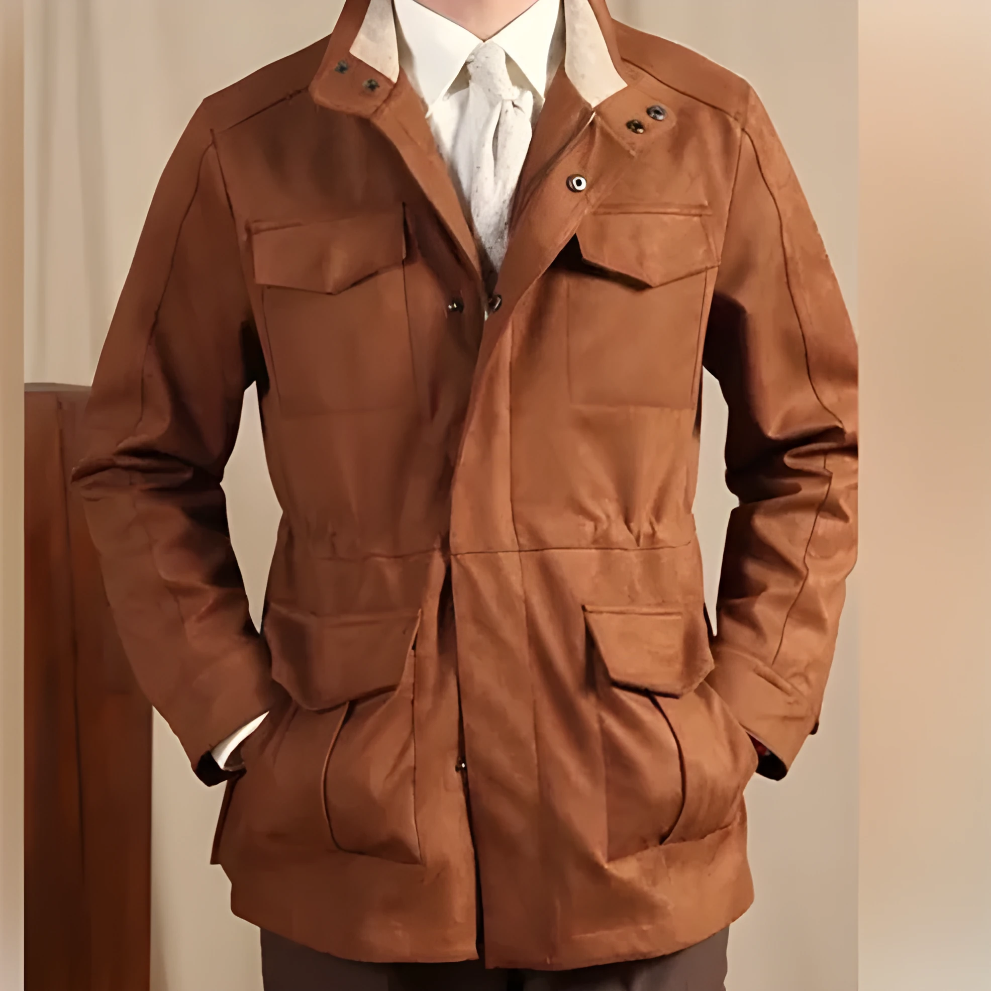Women's faux suede cowhide safari jacket with stand collar and slim waist in coffee colour