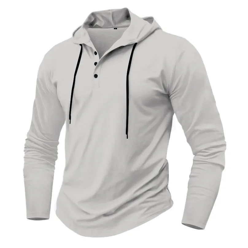 Men's sports fitness hooded long sleeve top in thin polyester, available in 10 colours, Asian sizing S to XXXL
