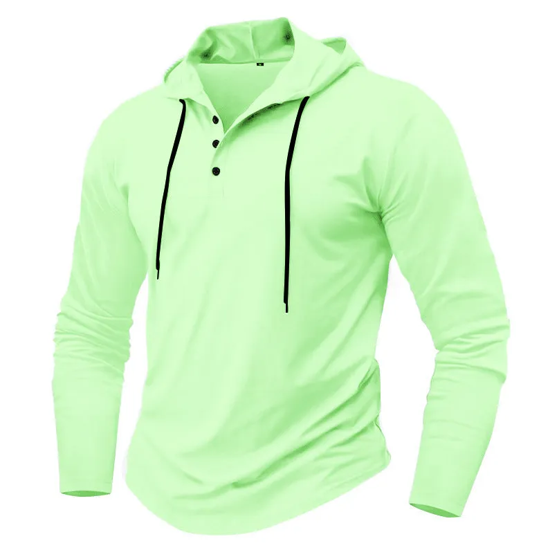 Men's sports fitness hooded long sleeve top in thin polyester, available in 10 colours, Asian sizing S to XXXL