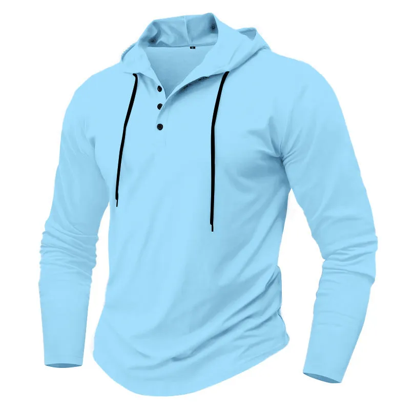 Men's sports fitness hooded long sleeve top in thin polyester, available in 10 colours, Asian sizing S to XXXL