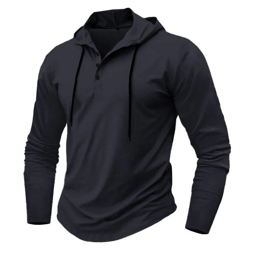 Men's sports fitness hooded long sleeve top in thin polyester, available in 10 colours, Asian sizing S to XXXL