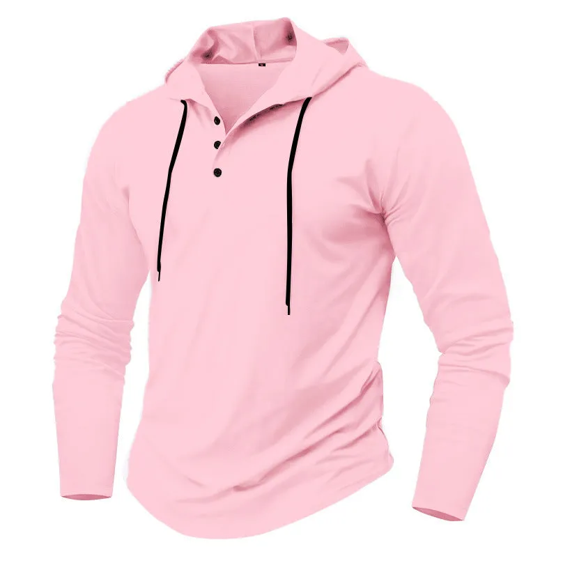 Men's sports fitness hooded long sleeve top in thin polyester, available in 10 colours, Asian sizing S to XXXL