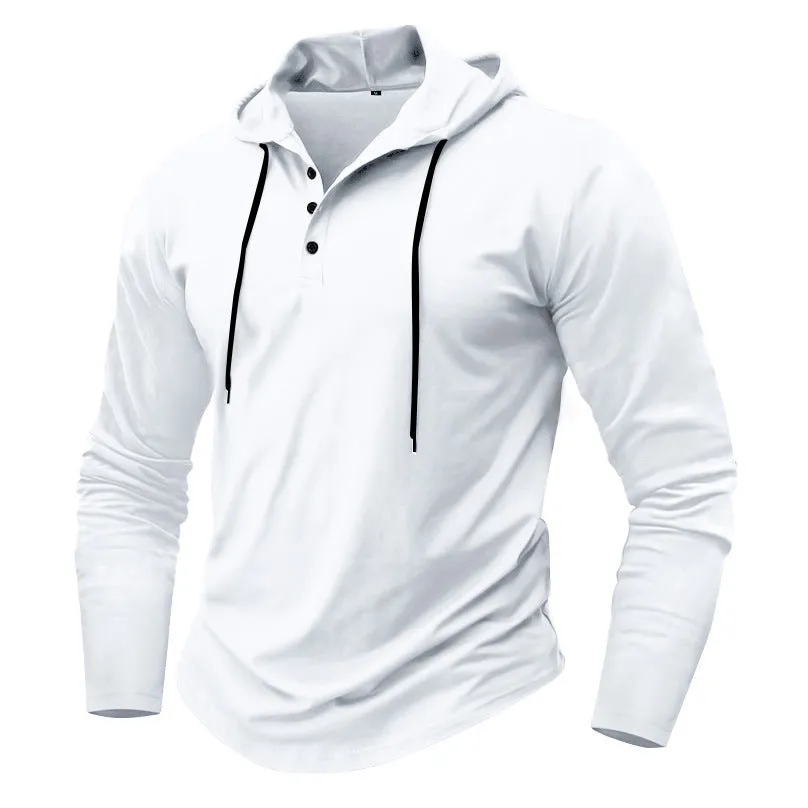 Men's sports fitness hooded long sleeve top in thin polyester, available in 10 colours, Asian sizing S to XXXL