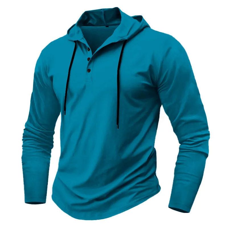 Men's sports fitness hooded long sleeve top in thin polyester, available in 10 colours, Asian sizing S to XXXL