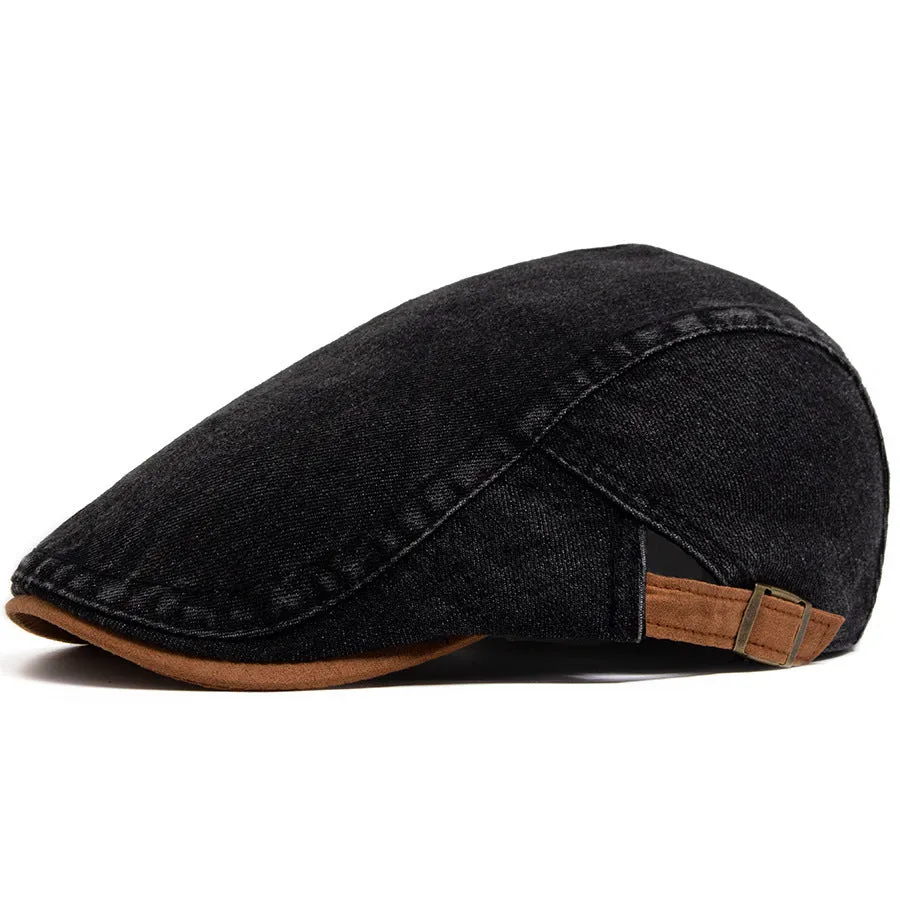 Retro men's casual cotton beret in blue with dome crown and adjustable fit
