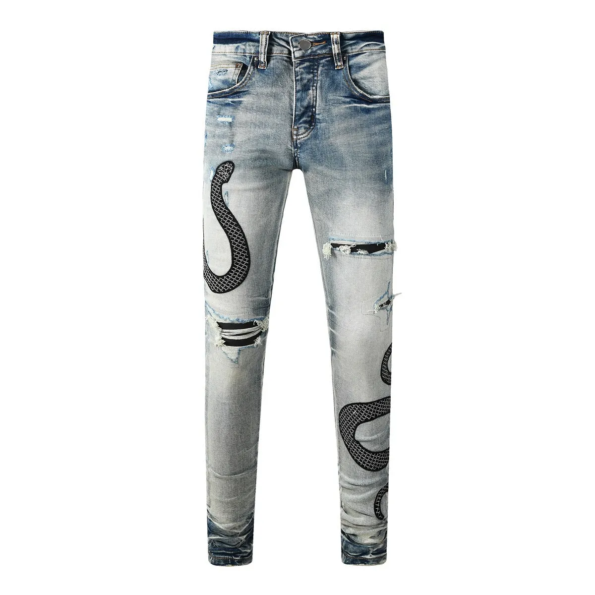 Street fashion distressed skinny jeans in 8934Blue wash with a tight fit and button fly.