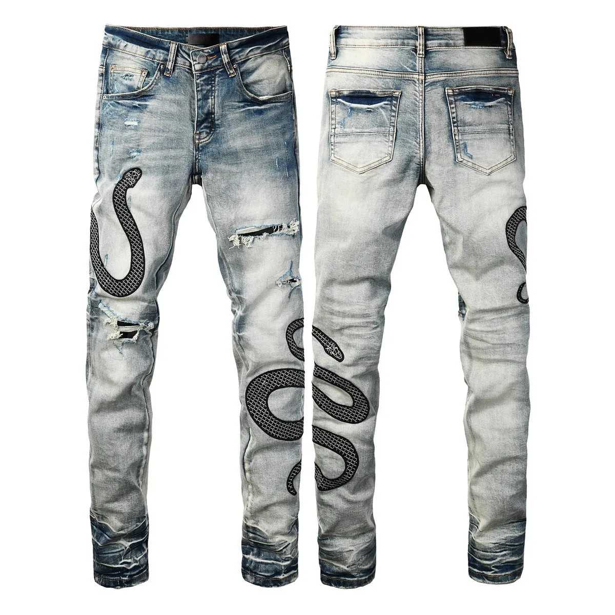 Street fashion distressed skinny jeans in 8934Blue wash with a tight fit and button fly.