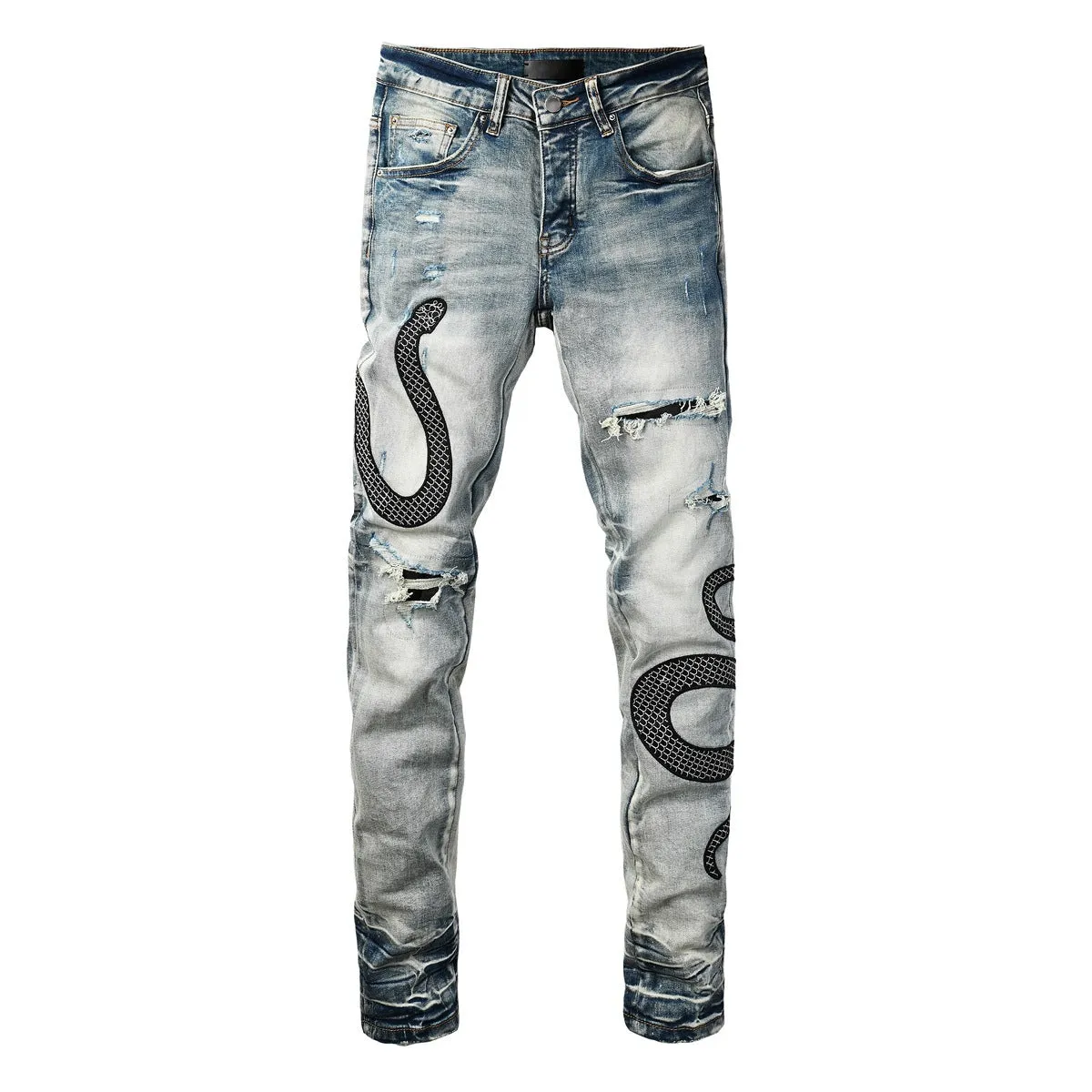 Street fashion distressed skinny jeans in 8934Blue wash with a tight fit and button fly.