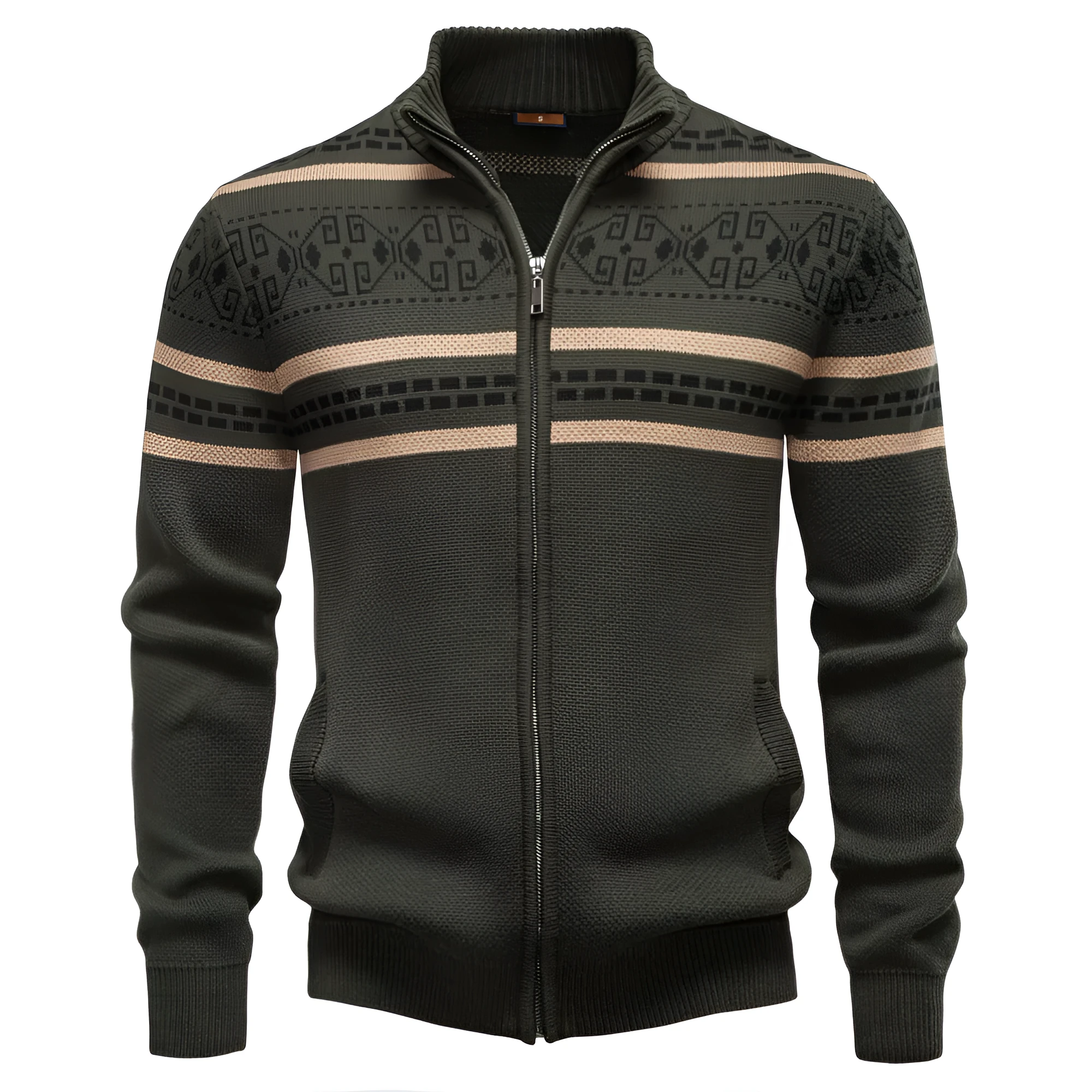 Men's cotton zipper knitted jacket slim fit in army green side view