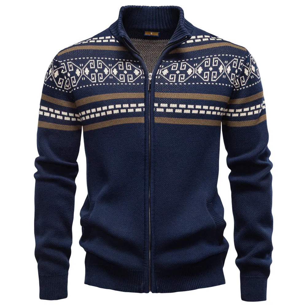 Men's cotton zipper knitted jacket slim fit in army green side view