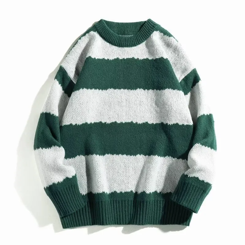 Men's winter contrast stripe round neck pullover sweater in loose fit, polyester blend, colour 2307 Black