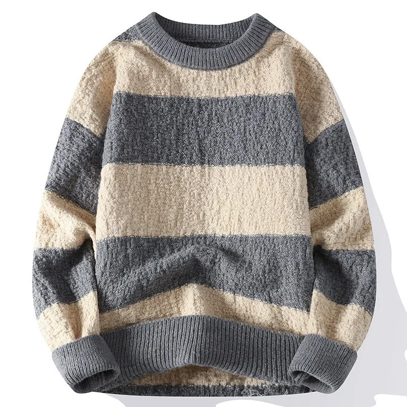 Men's winter contrast stripe round neck pullover sweater in loose fit, polyester blend, colour 2307 Black