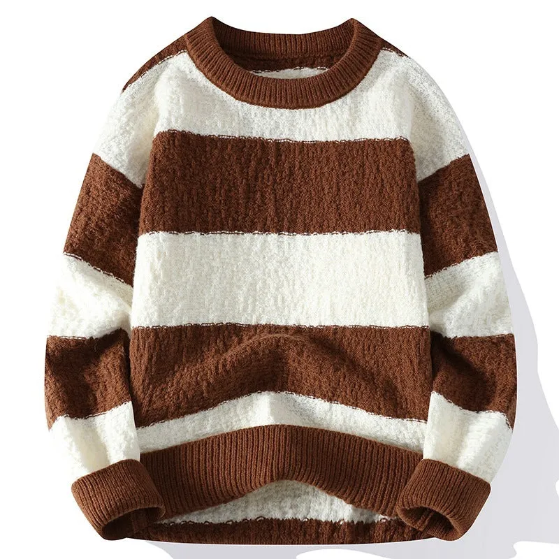 Men's winter contrast stripe round neck pullover sweater in loose fit, polyester blend, colour 2307 Black