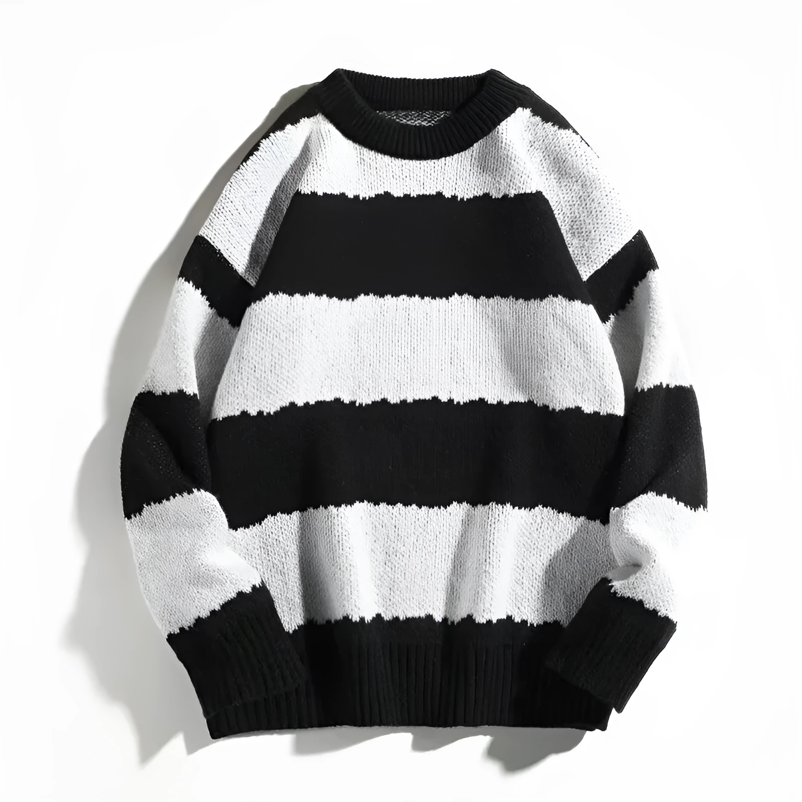 Men's winter contrast stripe round neck pullover sweater in loose fit, polyester blend, colour 2307 Black