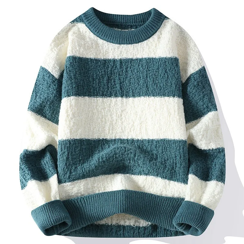 Men's winter contrast stripe round neck pullover sweater in loose fit, polyester blend, colour 2307 Black