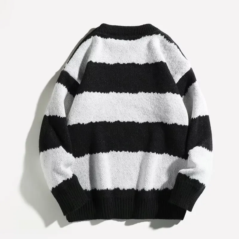 Men's winter contrast stripe round neck pullover sweater in loose fit, polyester blend, colour 2307 Black