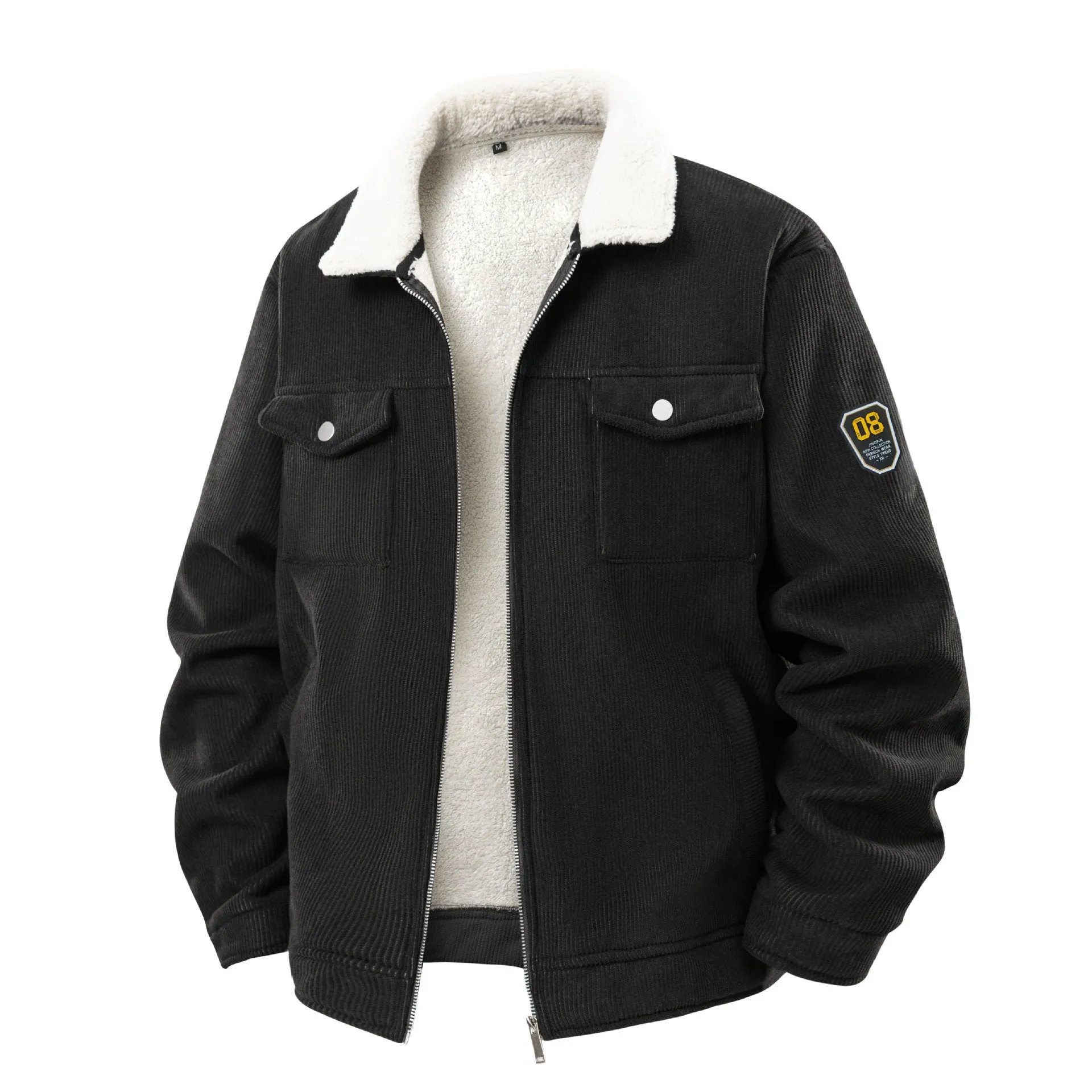 Fleece-lined thickened men's corduroy coat in black with lapel collar, available in sizes S-3XL