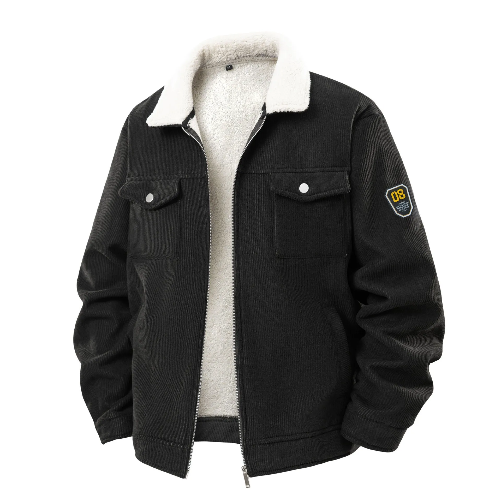Fleece-lined thickened men's corduroy coat in black with lapel collar, available in sizes S-3XL