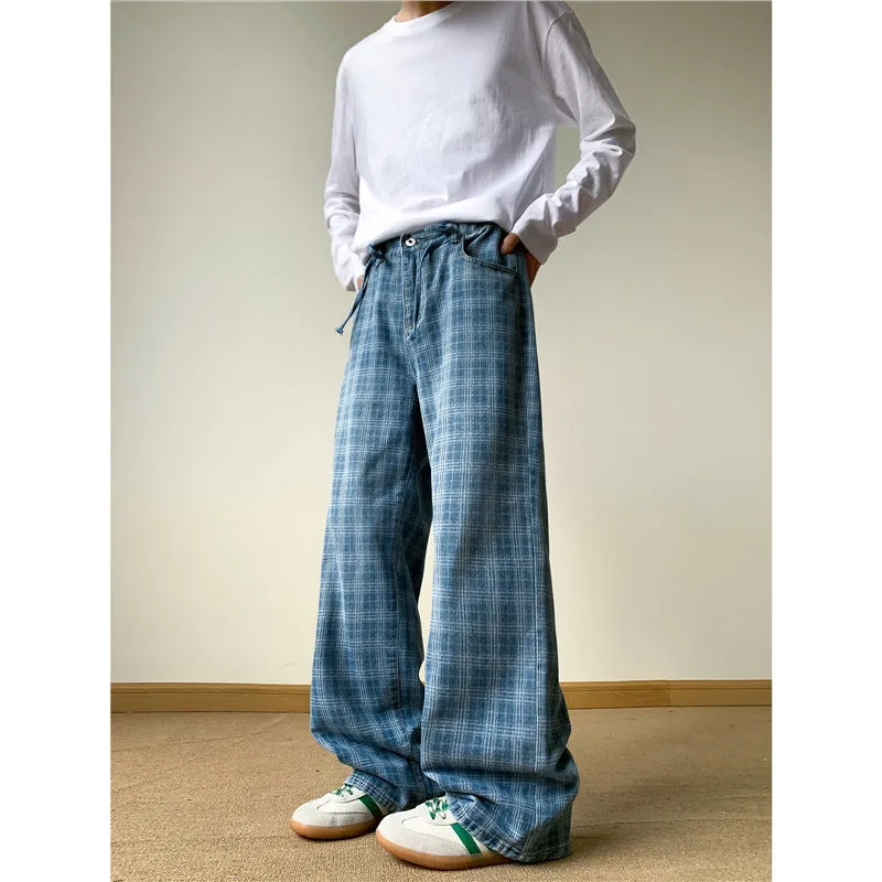 Retro blue plaid wide-leg skinny jeans showing straight-leg cut and zip fly