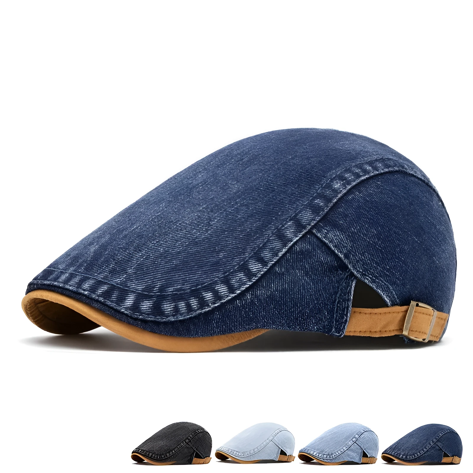 Men's washed-out denim contrast colour beret with flat top crown and adjustable cotton fit