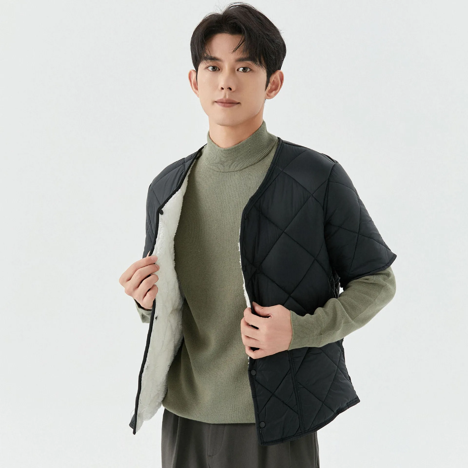 Men's cotton jacket top with velvet thermal lining in dark gray, fleece-lined, casual wear