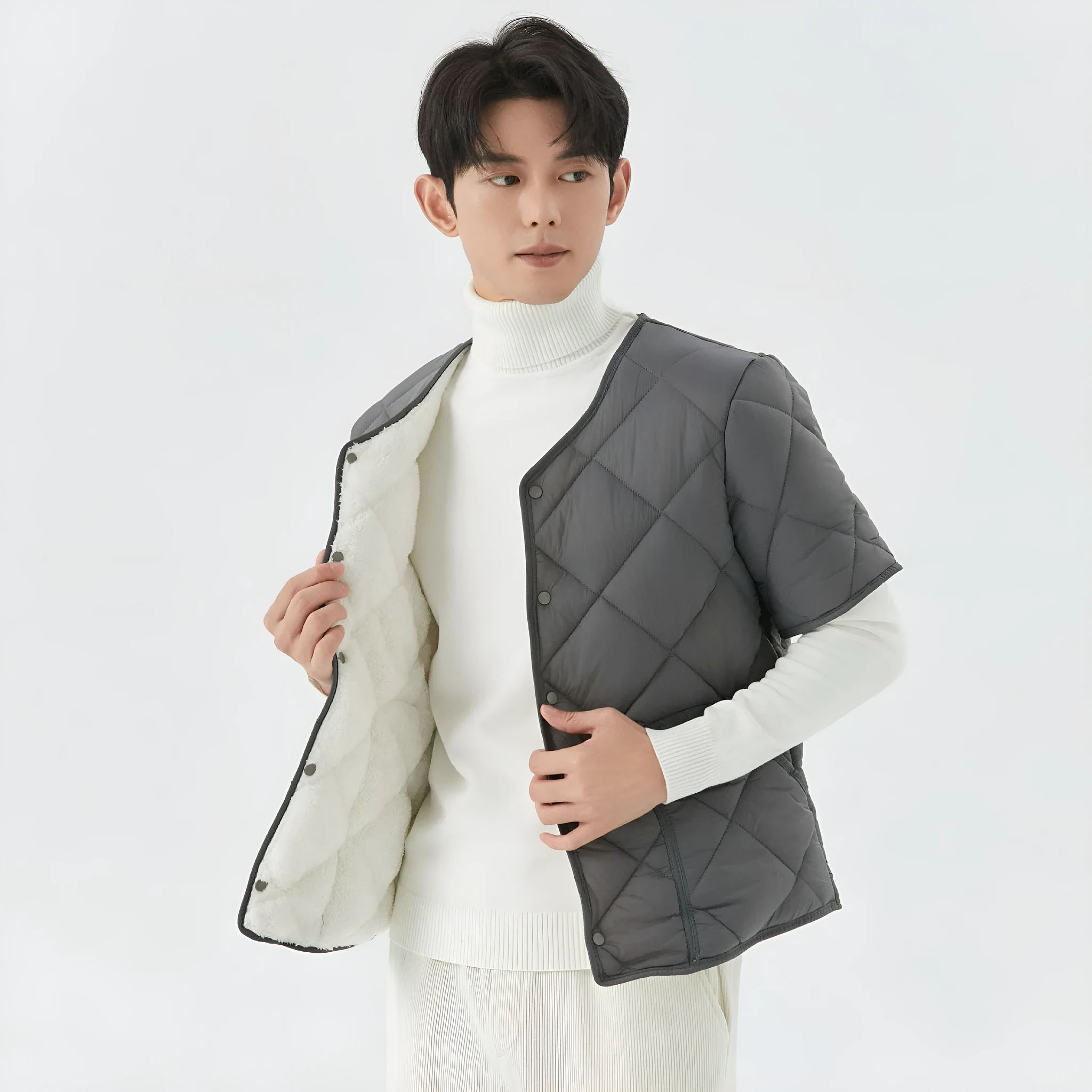 Men's cotton jacket top with velvet thermal lining in dark gray, fleece-lined, casual wear