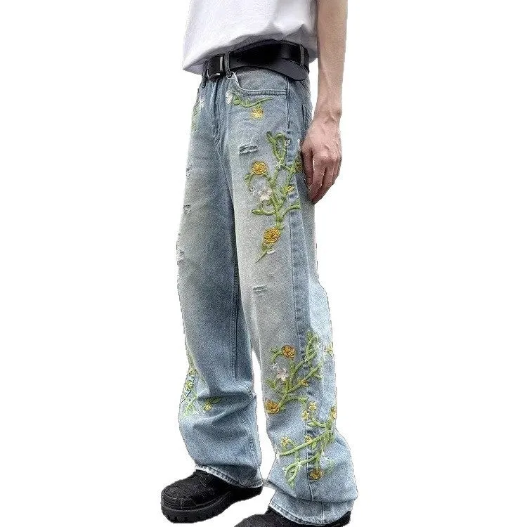 High street casual blue denim wide leg trousers with zip placket and mid-waist fit on model